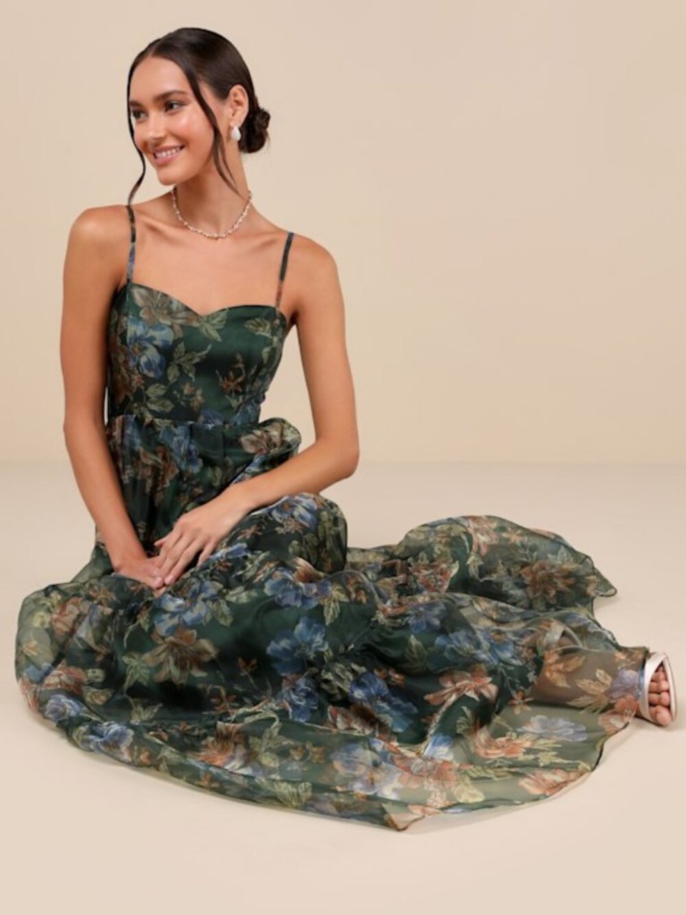 Lulus Exclusive Glamour Green Floral Organza Tiered Maxi Dress - Size S